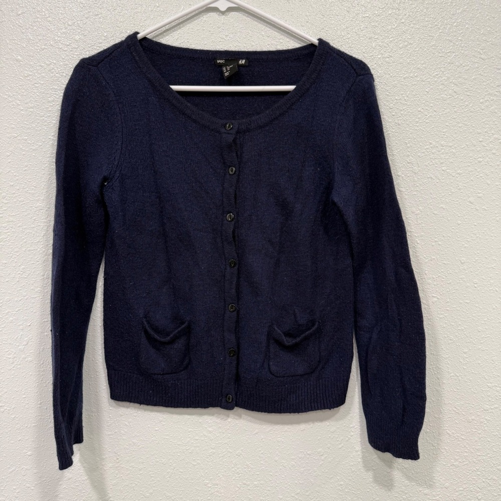 HM‎ Basic Womens Navy Blue Angora Blend Button Front Cardigan Sweater Small Q32